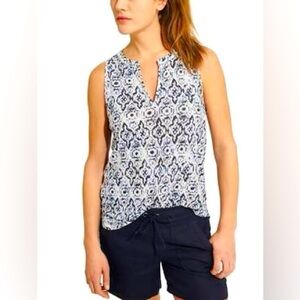 Athleta 100% Linen Navy Newport Medallion Racetrack Split Neck Tank Top XS